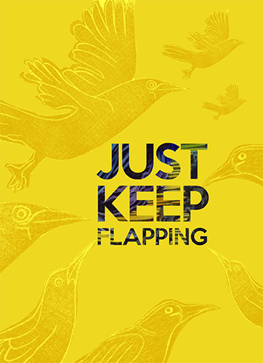Grackle card telling readers to just keep flapping! (Don't give up!)